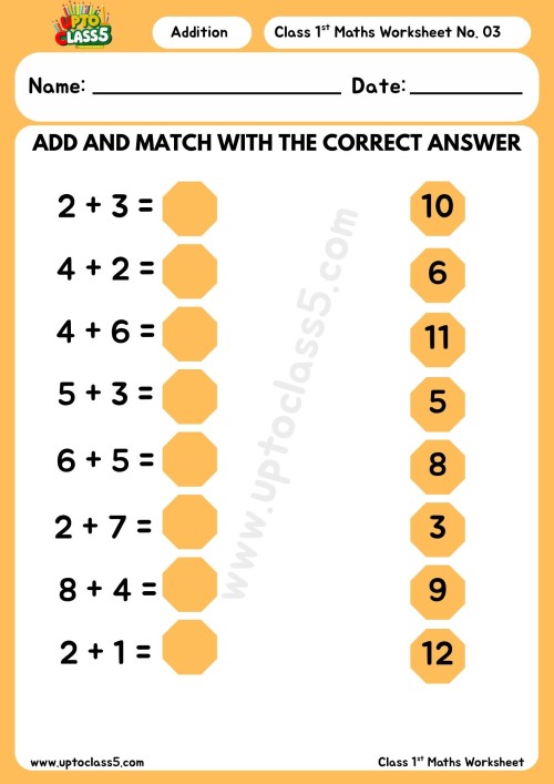 1st Class Maths Addition Worksheet no. 3-image