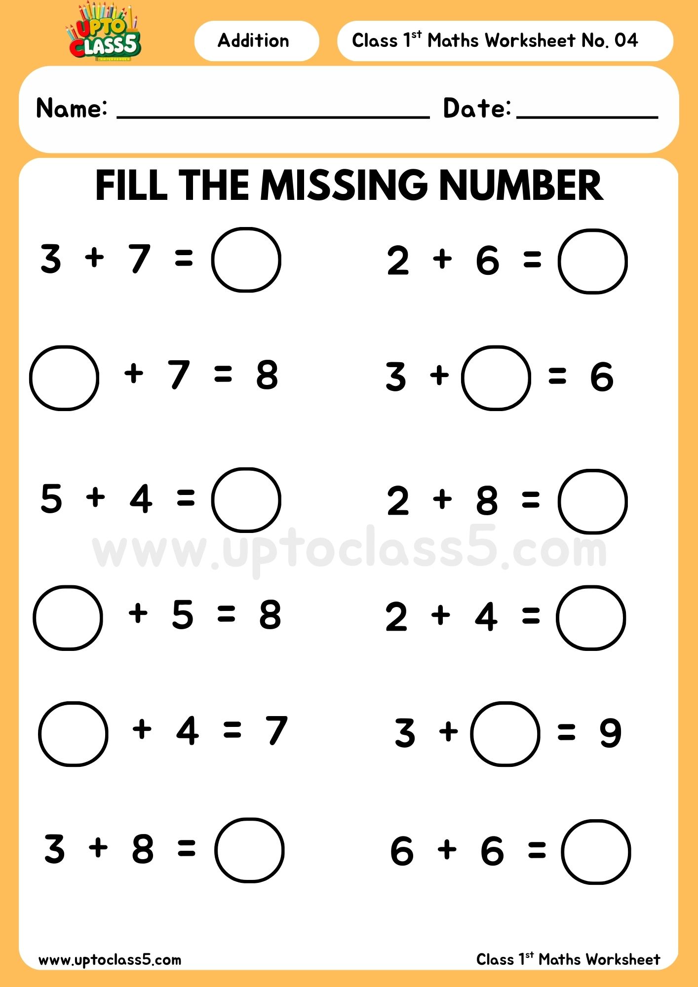 1st Class | Maths – Simple Addition | Worksheet No. 04 - Upto Class 5