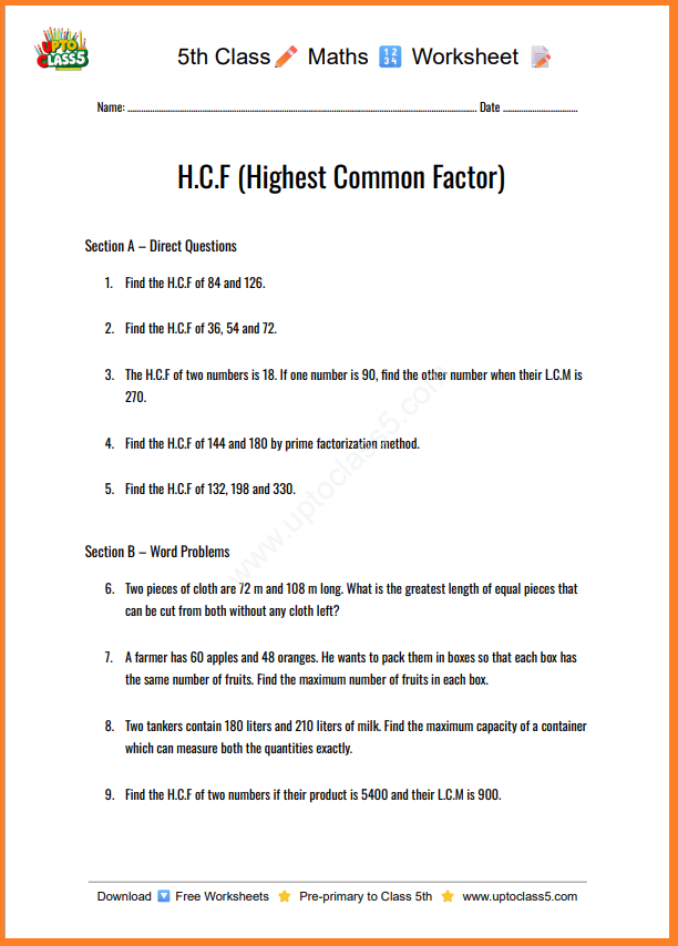 Class 5 - HCF Worksheet #1