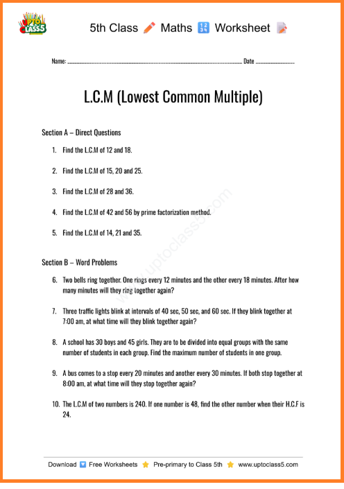 Class 5 - LCM Worksheet