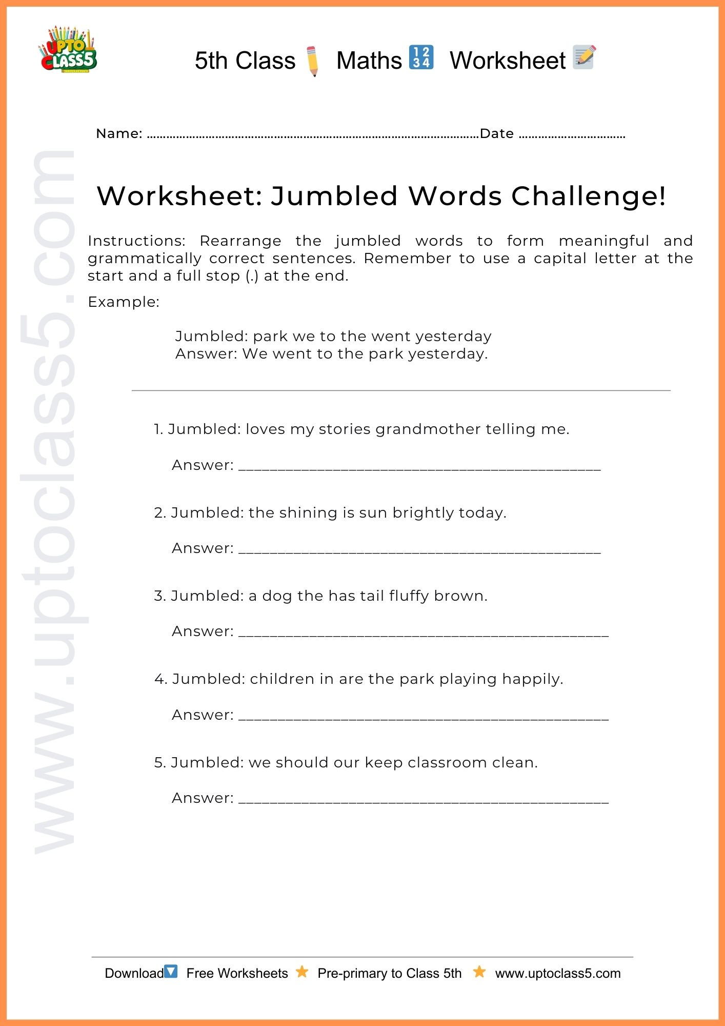 Class 5th English Worksheet no.1