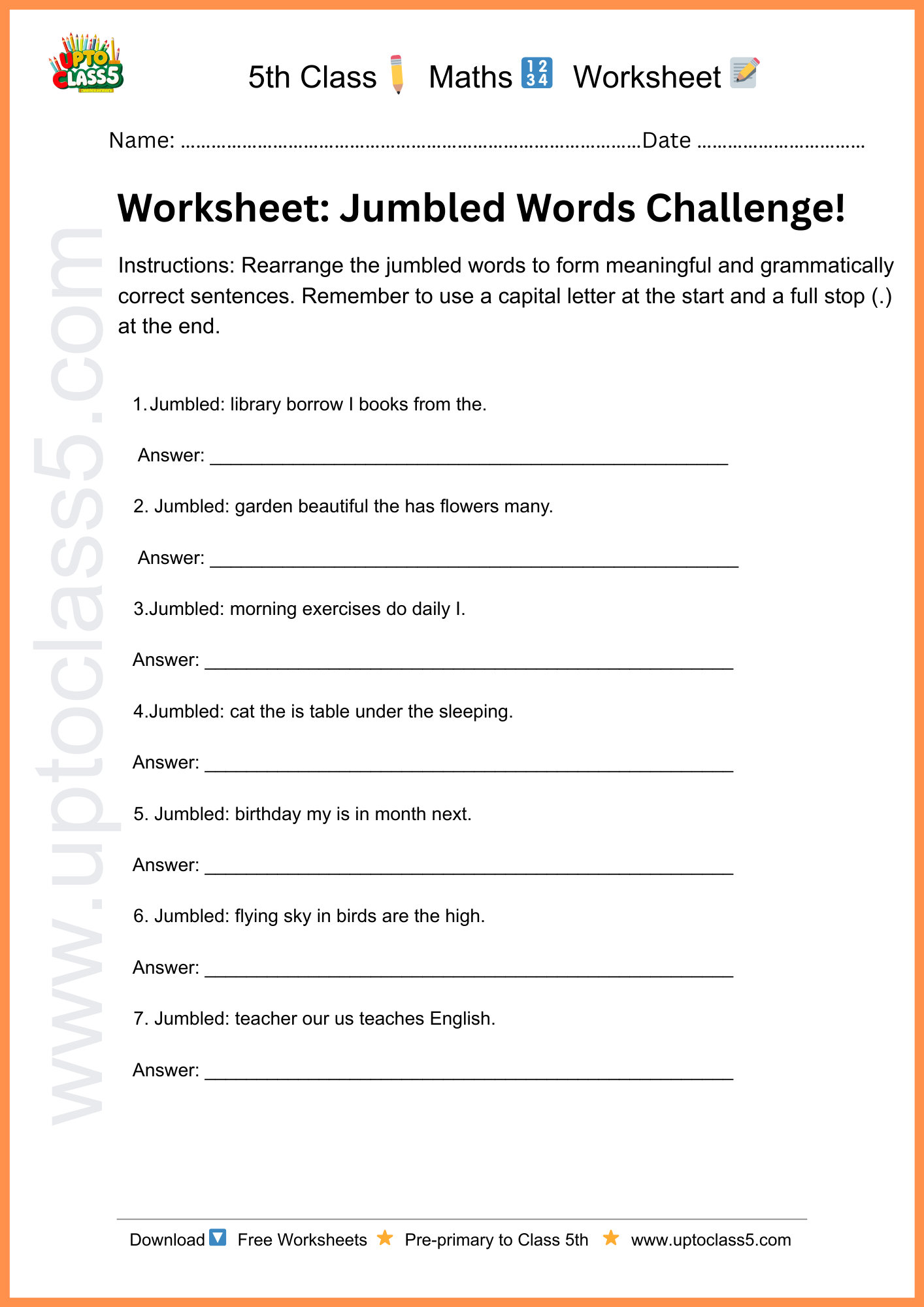 Class 5th English Worksheet no.2