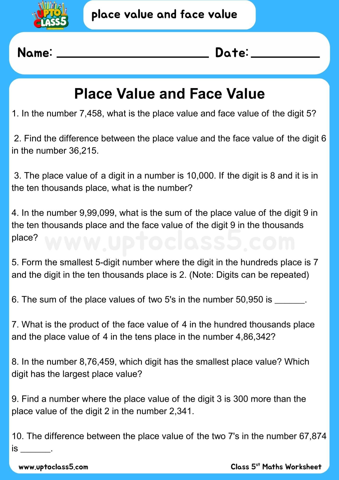 Place Value Face Value Worksheet #2