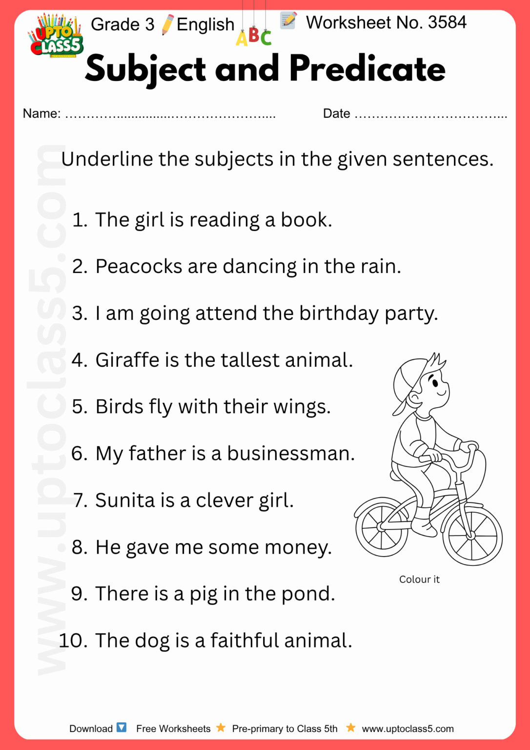 Grade 3 – English | Subject and Predicate | Worksheet no. 3584 - Upto ...