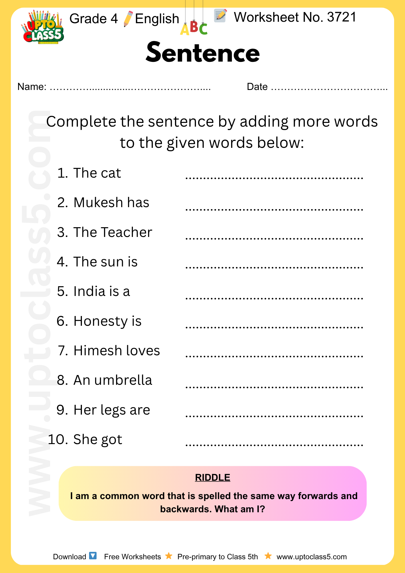 Grade 4 English Worksheet no. 3721