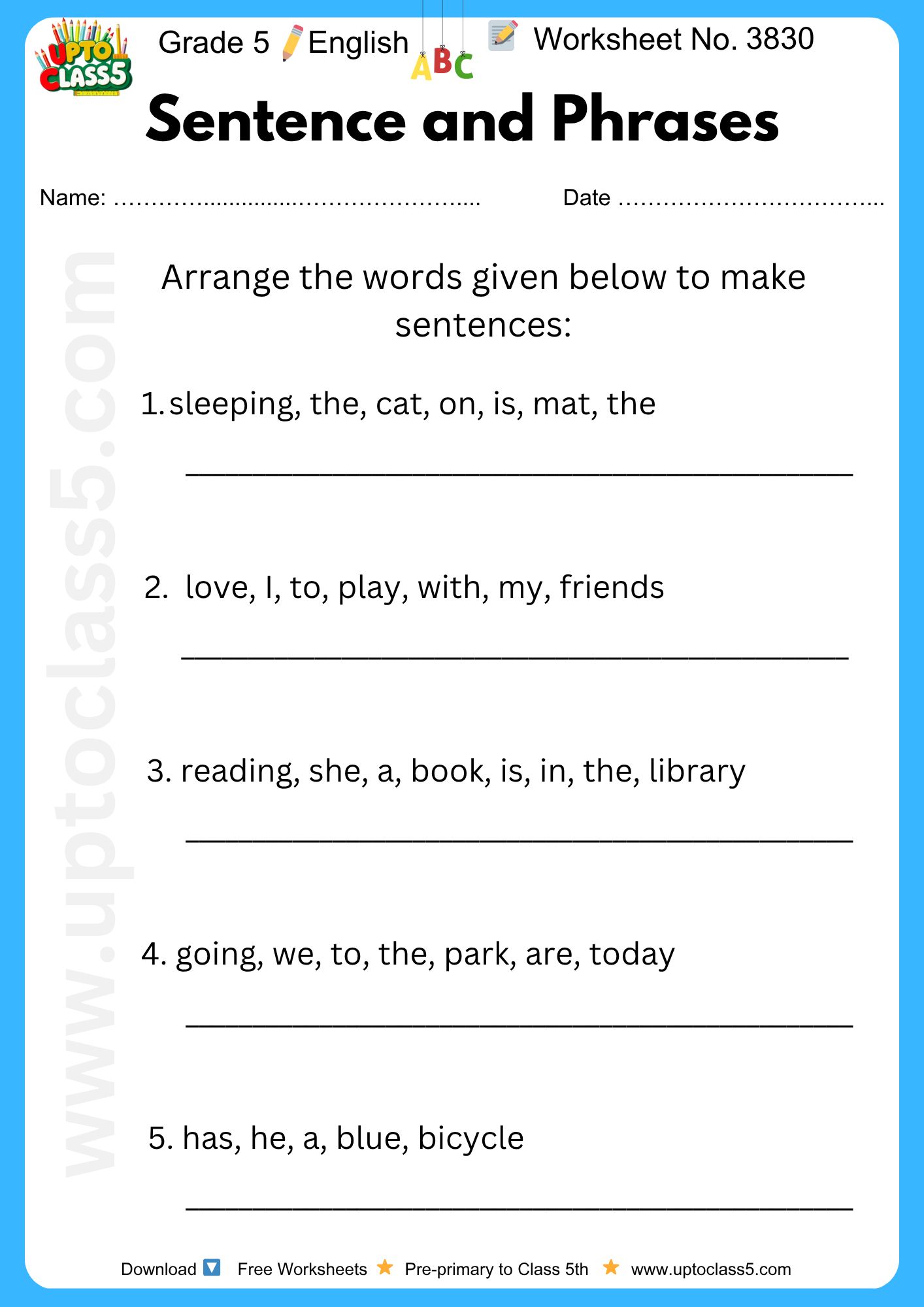 Grade 5 English - Worksheet No. 3830