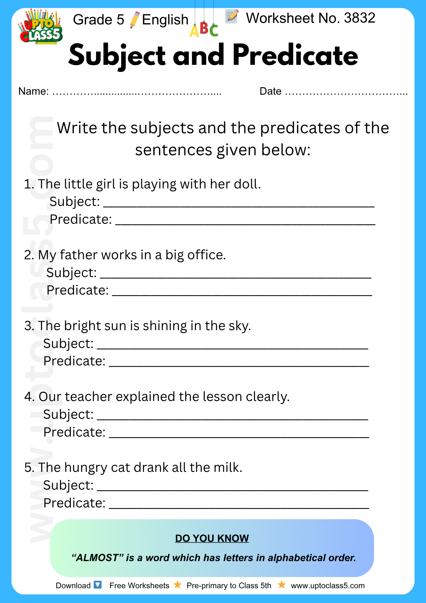 Grade 5 English - Worksheet No. 3832