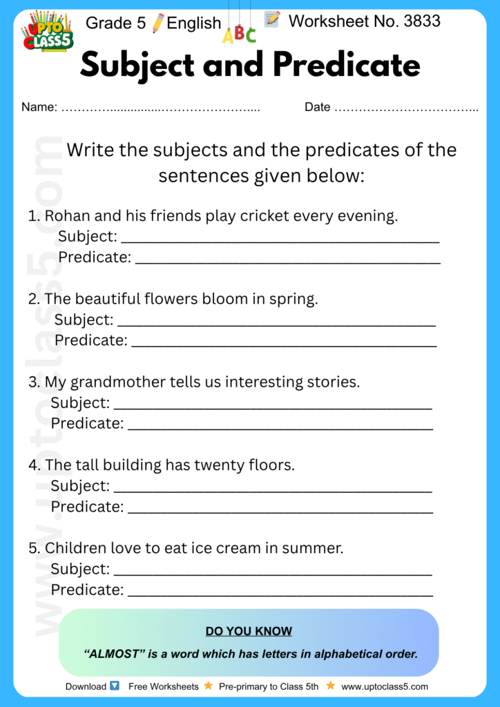 Grade 5 English - Worksheet No. 3833