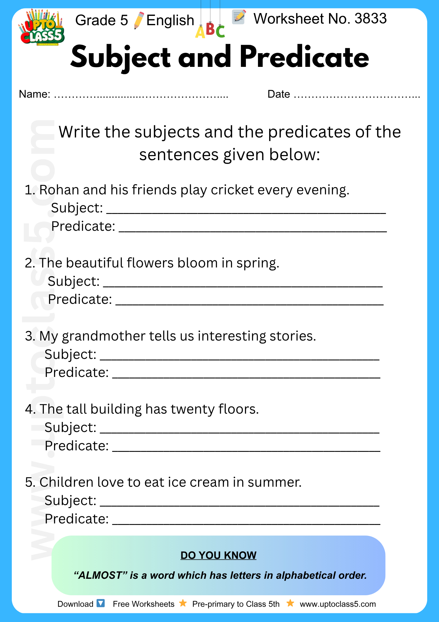 Grade 5 English - Worksheet No. 3833