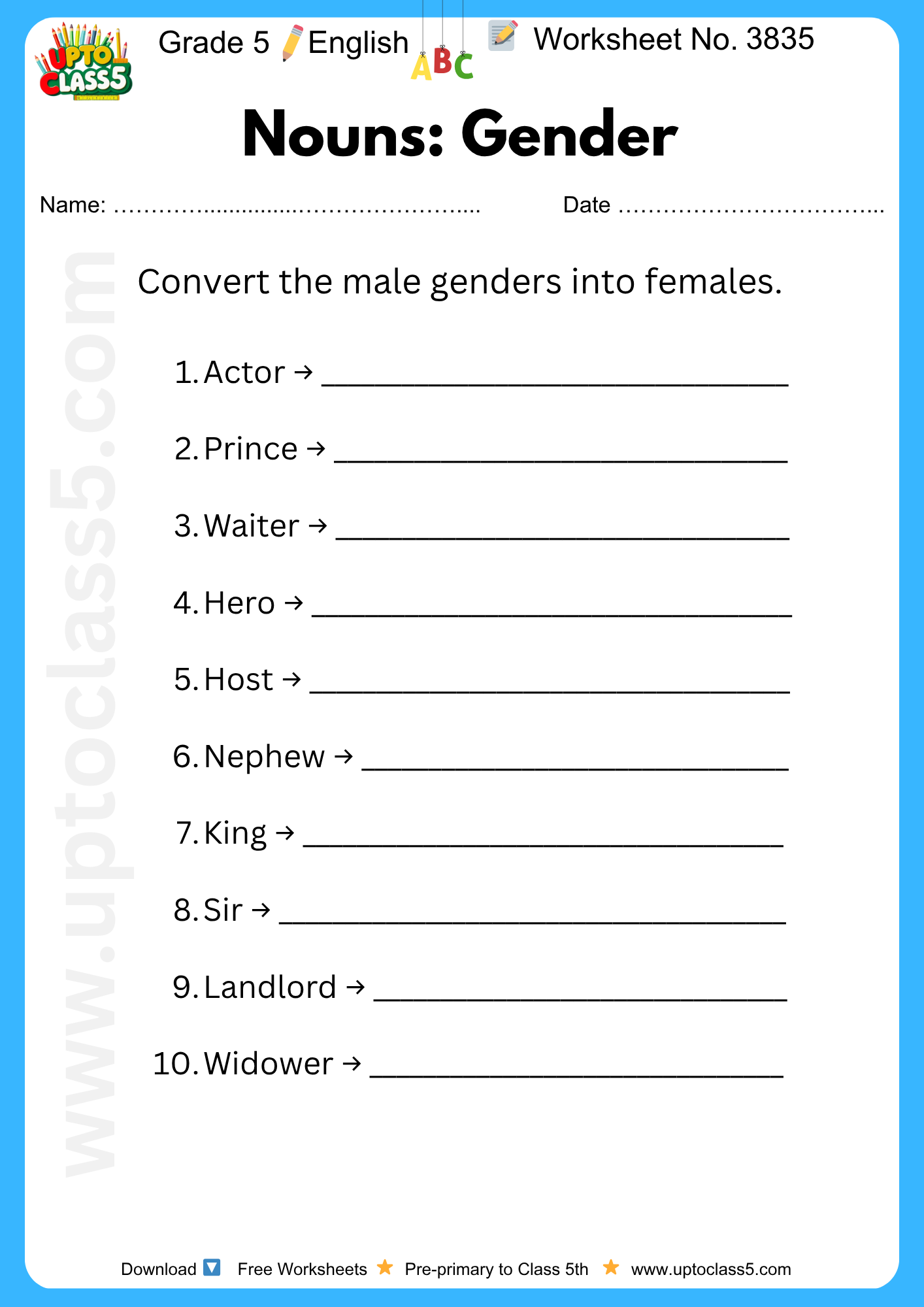 Grade 5 English - Worksheet No. 3835