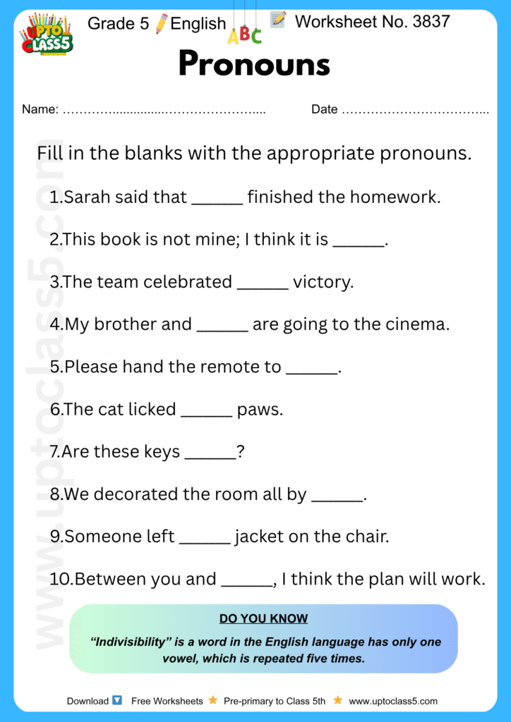 Grade 5 English - Worksheet No. 3837