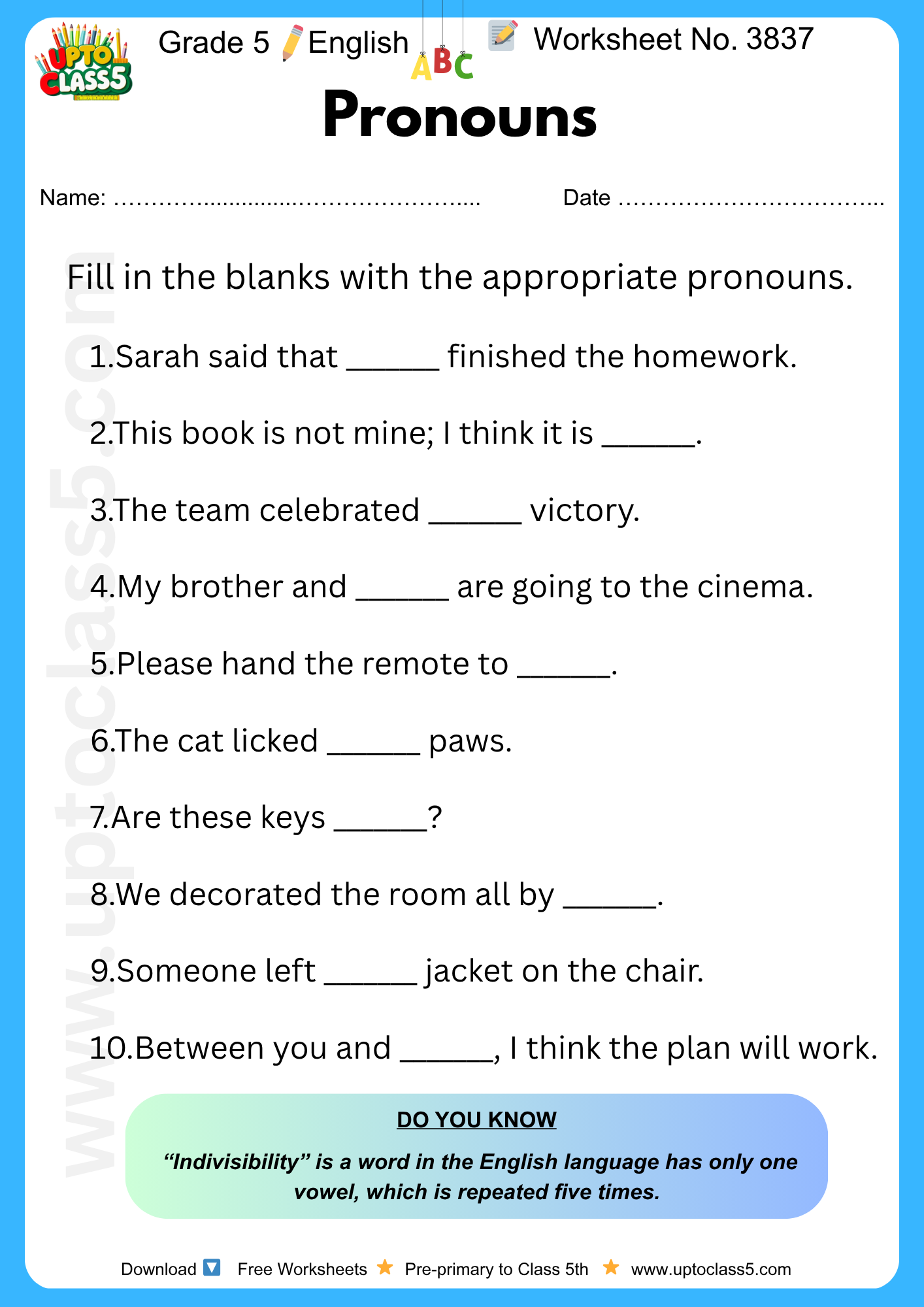 Grade 5 English - Worksheet No. 3837