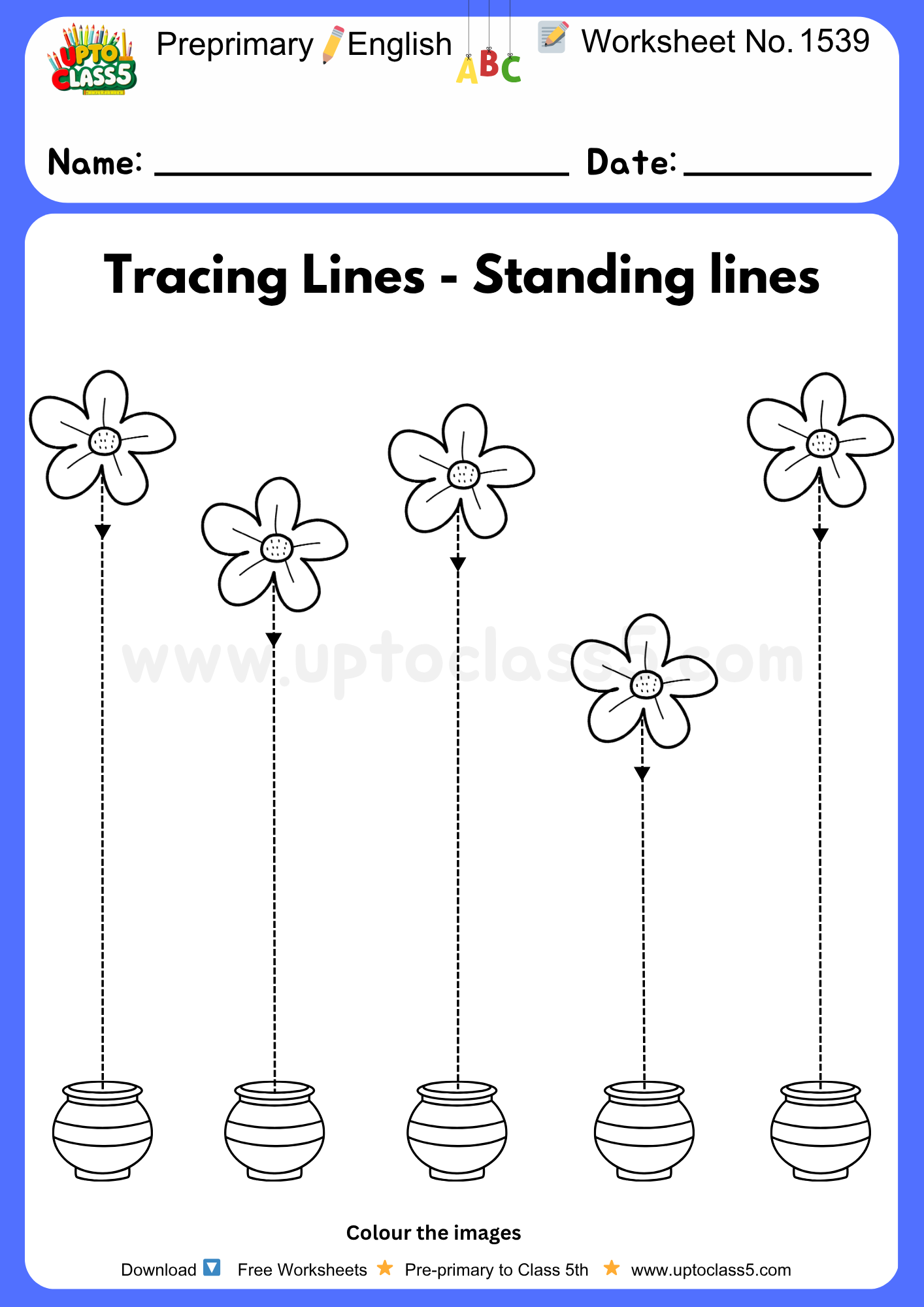 Preprimary English Worksheets No 1539 - tracing standing lines