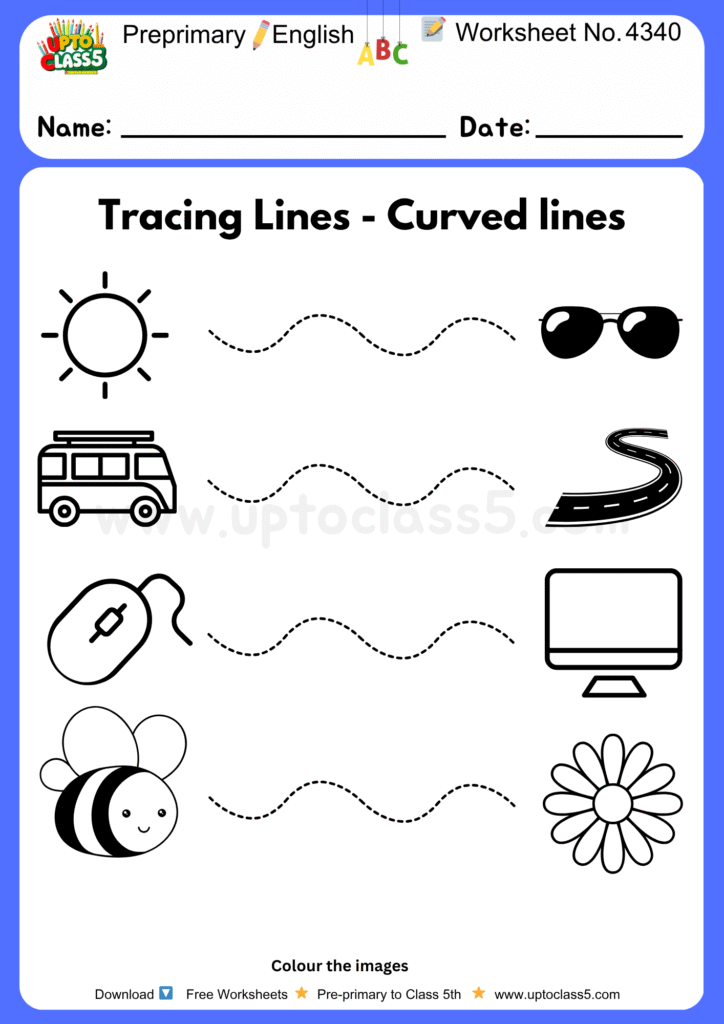 Pre-primary English Worksheets No 4340 - tracing curved lines