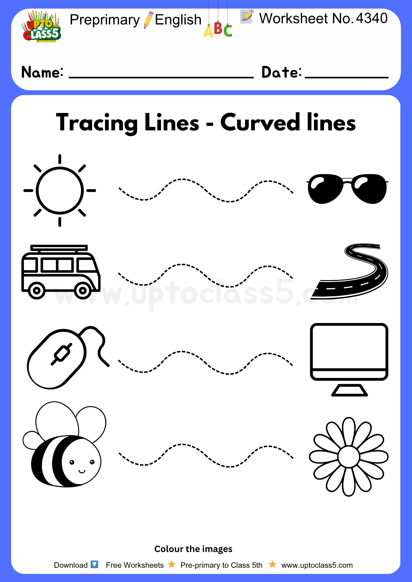 Pre-primary English Worksheets No 4340 - tracing curved lines