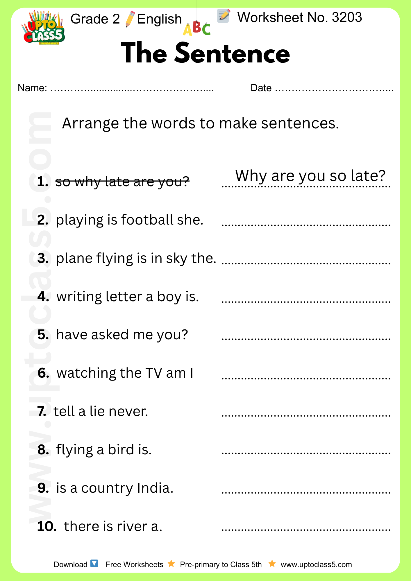 Grade 2 English The Sentence Worksheet No 3203 Upto Class 5