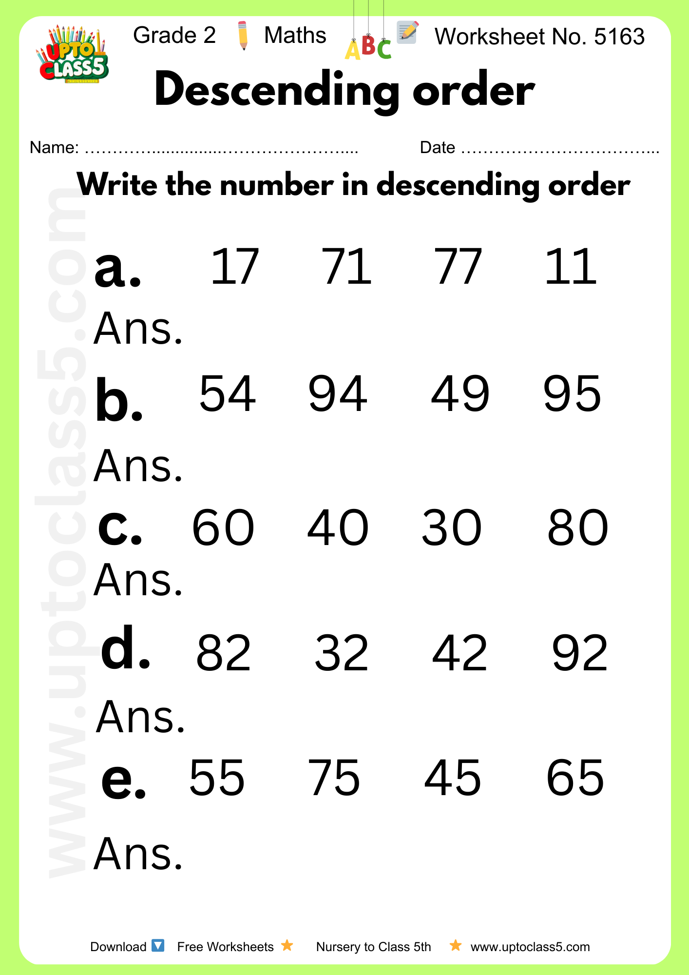 Grade 2 Maths Worksheet No 5163