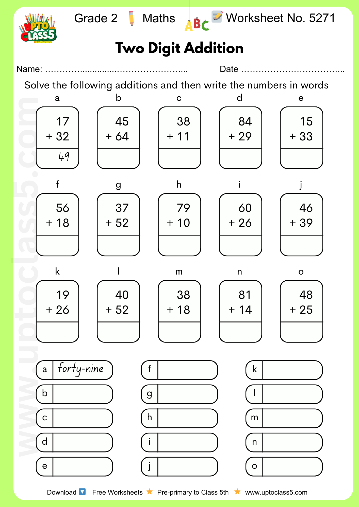 Grade 2 Maths Worksheet No. 5271