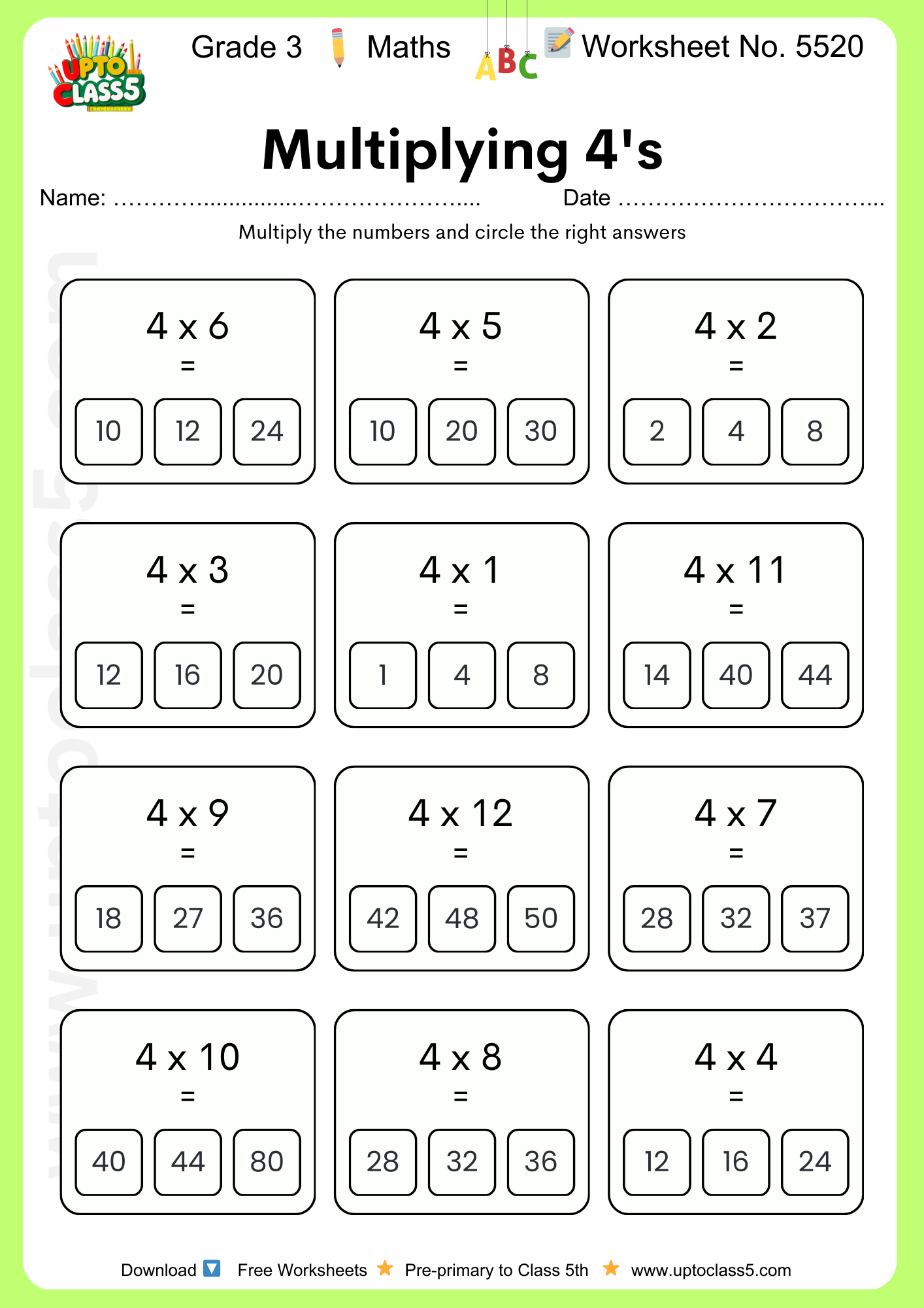 Grade 3 Maths Worksheet No. 5520