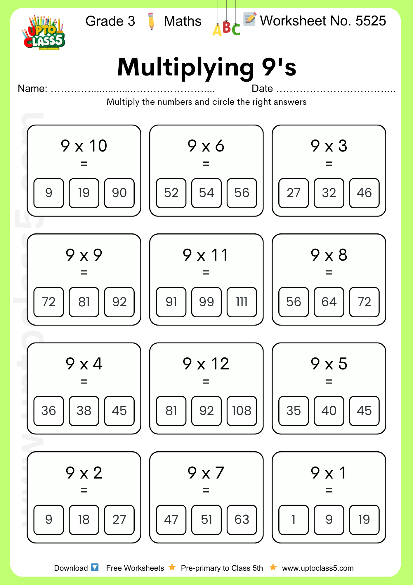Grade 3 Maths Worksheet No. 5525